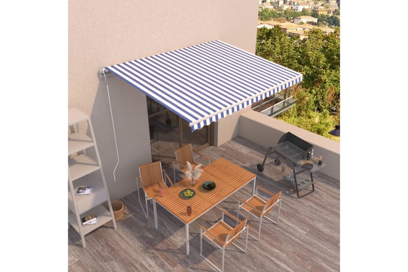 Automatisk markis 400x350 cm blå och vit - Blå - Utemöbler - Solskydd - Markiser