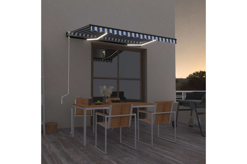 Automatisk markis med vindsensor & LED 350x250 cm blå och vi - Blå - Utemöbler - Solskydd - Markiser