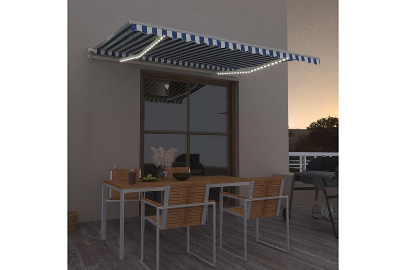 Automatisk markis med vindsensor & LED 450x350 cm blå och vi - Blå - Utemöbler - Solskydd - Markiser