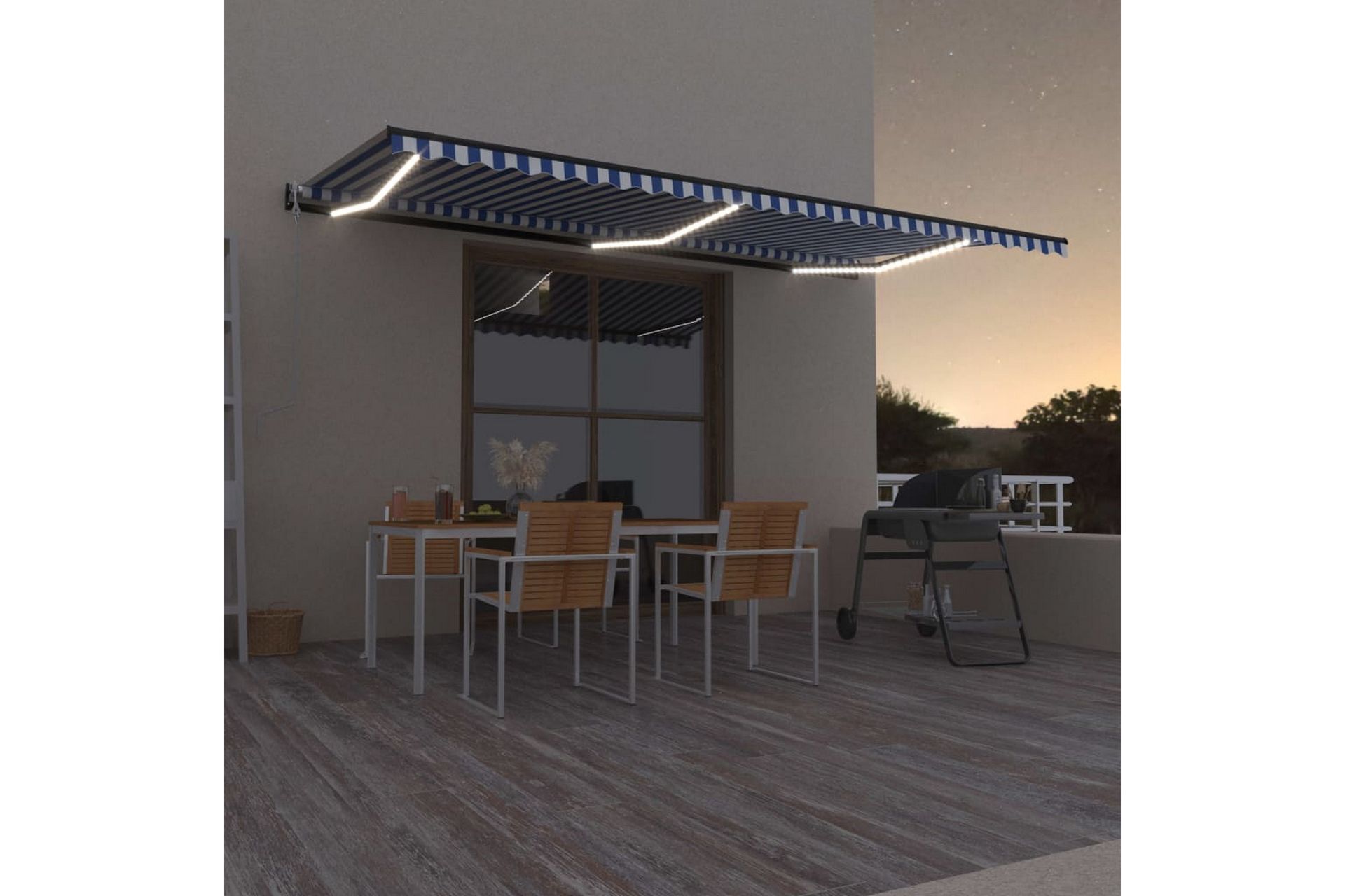 Automatisk markis med vindsensor & LED 600x350 cm blå och vi - Blå - Utemöbler - Solskydd - Markiser
