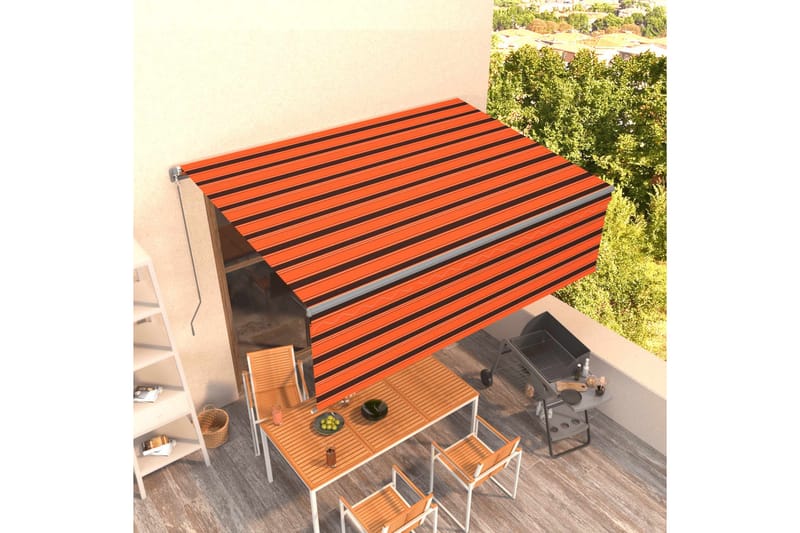 Manuell markis med rullgardin LED 4x3 m orange/brun - Orange - Utemöbler - Solskydd - Markiser - Fönstermarkis