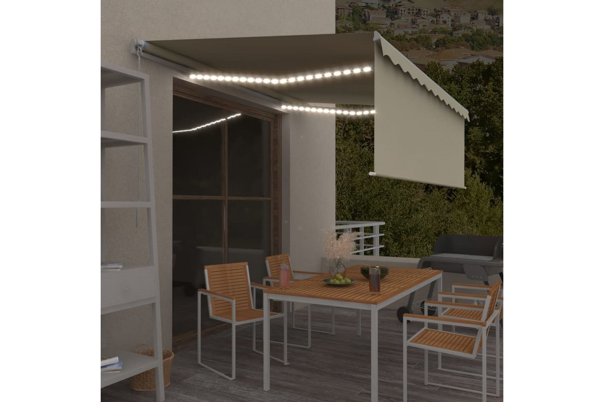 Manuell markis med rullgardin och LED 4,5x3m gräddvit - Kräm - Utemöbler - Solskydd - Markiser - Fönstermarkis