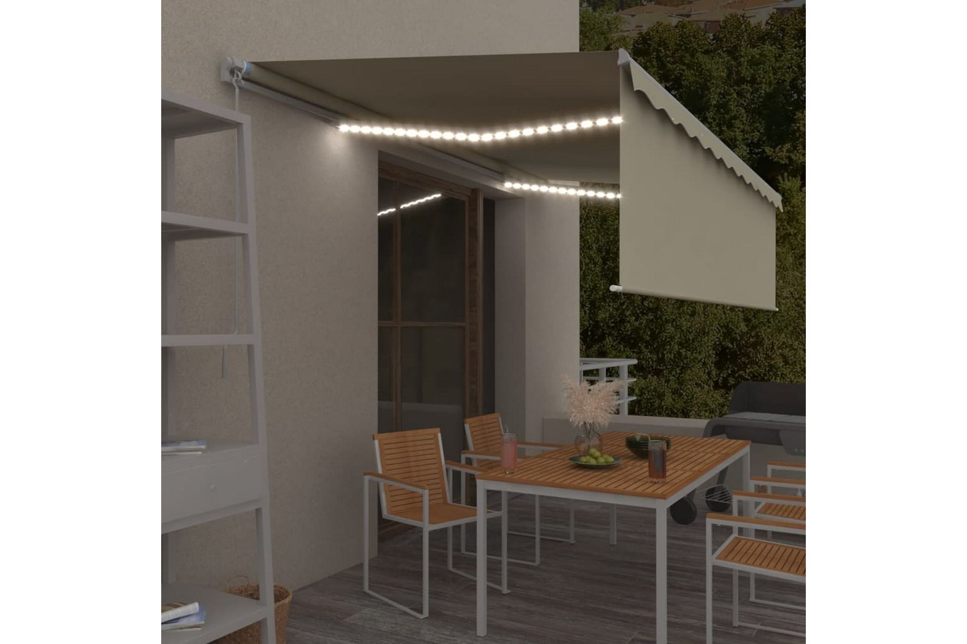 Manuell markis med rullgardin och LED 5x3m gräddvit - Vit - Utemöbler - Solskydd - Markiser - Fönstermarkis