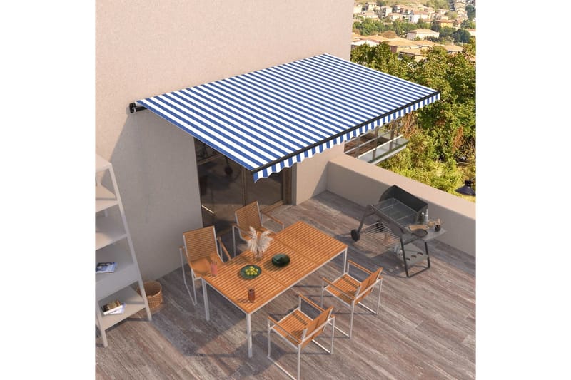 Markis automatiskt infällbar 500x350 cm blå och vit - Blå - Utemöbler - Solskydd - Markiser