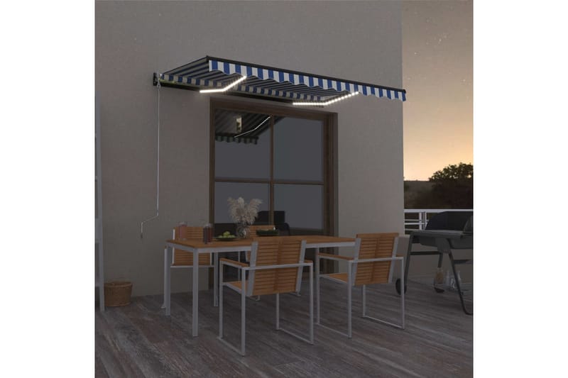 Markis manuellt infällbar med LED 400x300 cm blå och vit - Blå - Utemöbler - Solskydd - Markiser