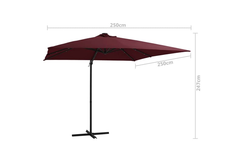 Frihängande parasoll med LED vinröd 250x250 cm - Vinröd - Utemöbler - Solskydd - Parasoll - Hängparasoll