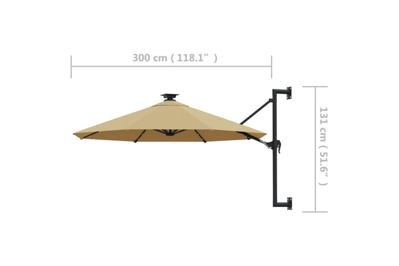 Väggmonterat parasoll med LED och metallstång 300 cm taupe - Brun - Utemöbler - Solskydd - Parasoll