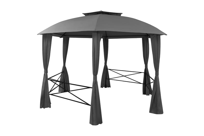 Paviljong med draperier hexagonal 360x265 cm - Grå - Komplett paviljong