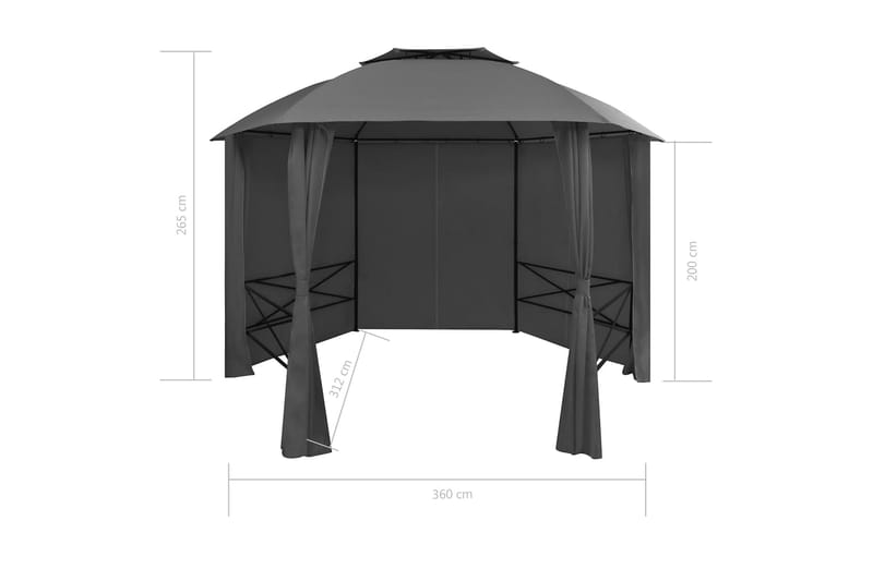Paviljong med draperier hexagonal 360x265 cm - Grå - Komplett paviljong