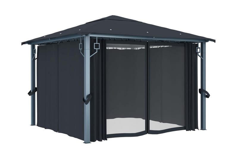 Paviljong med gardin & ljusslinga LED 3x3 cm antracit alumin - Grå - Utemöbler - Solskydd - Paviljonger - Komplett paviljong