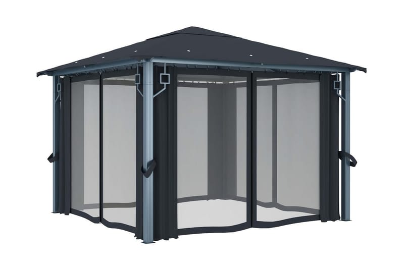 Paviljong med gardin & ljusslinga LED 3x3 cm antracit alumin - Grå - Utemöbler - Solskydd - Paviljonger - Komplett paviljong