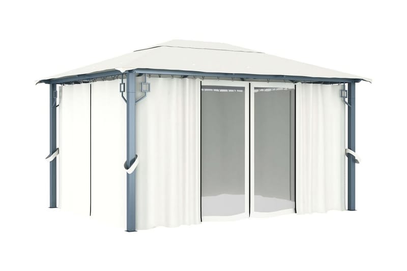 Paviljong med gardin & ljusslinga LED 4x3 m gräddvit alumini - Vit - Utemöbler - Solskydd - Paviljonger - Komplett paviljong