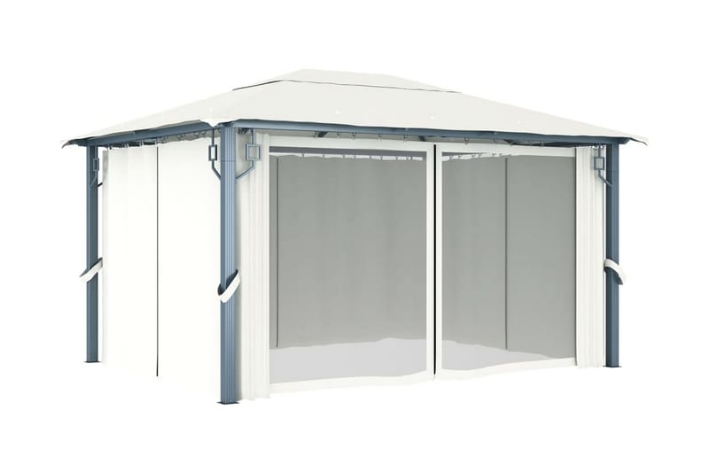 Paviljong med gardin & ljusslinga LED 4x3 m gräddvit alumini - Vit - Utemöbler - Solskydd - Paviljonger - Komplett paviljong