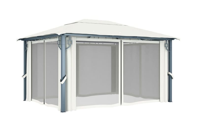 Paviljong med gardin & ljusslinga LED 4x3 m gräddvit alumini - Vit - Utemöbler - Solskydd - Paviljonger - Komplett paviljong