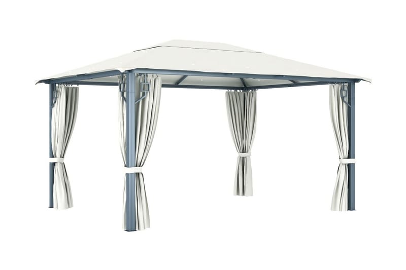 Paviljong med gardin & ljusslinga LED 4x3 m gräddvit alumini - Vit - Utemöbler - Solskydd - Paviljonger - Komplett paviljong