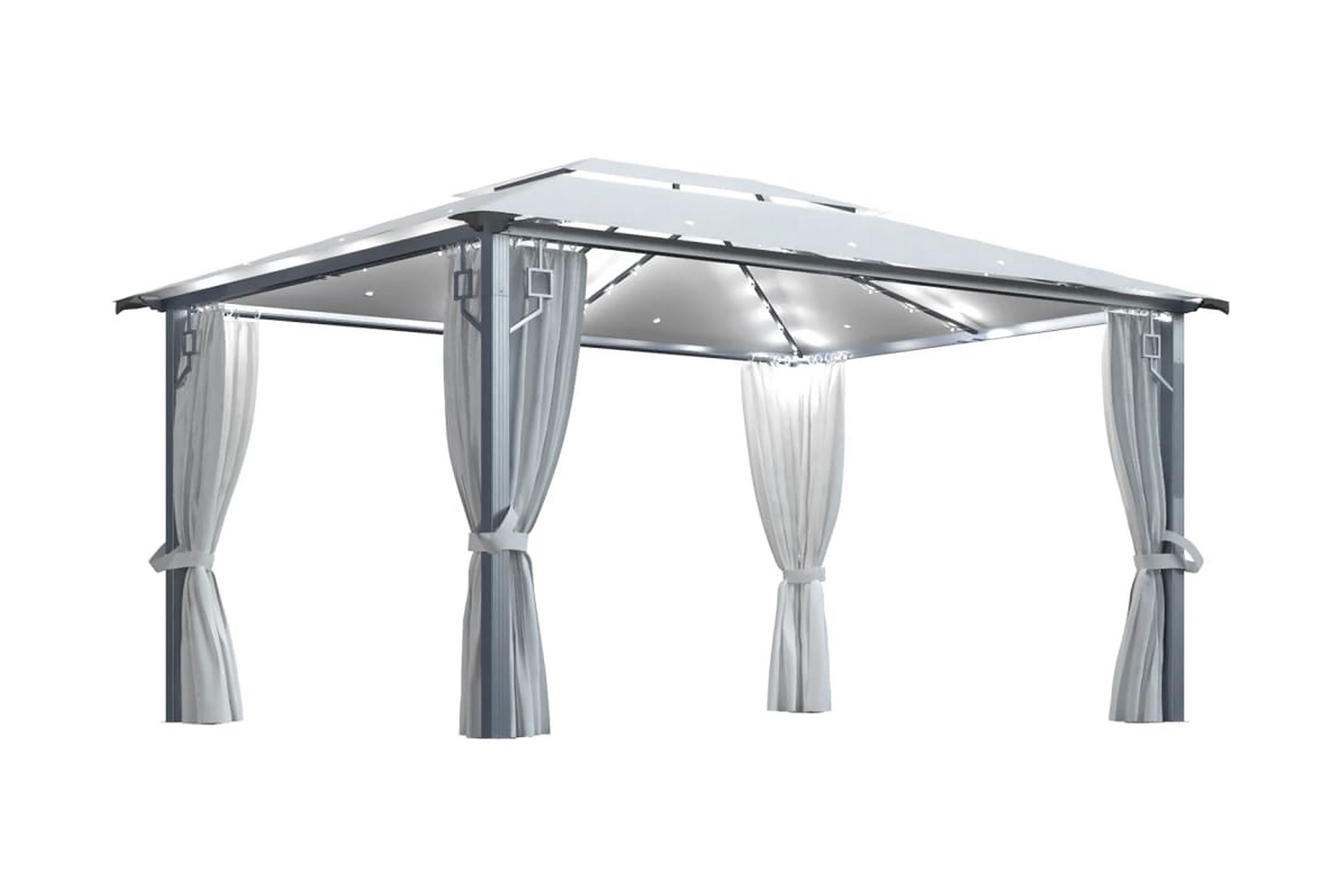 Paviljong med gardin & ljusslinga LED 4x3 m gräddvit alumini - Vit