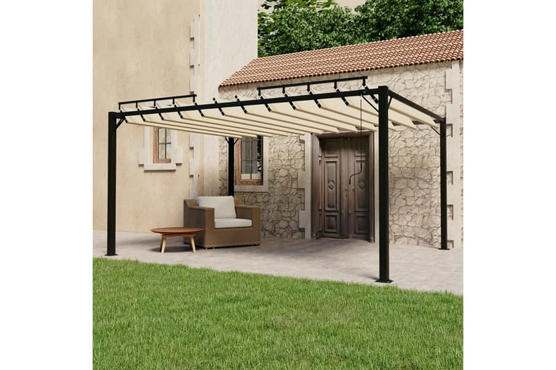 Paviljong med lamelltak 3x4 m gräddvit tyg och aluminium - Vit - Utemöbler - Solskydd - Paviljonger - Komplett paviljong