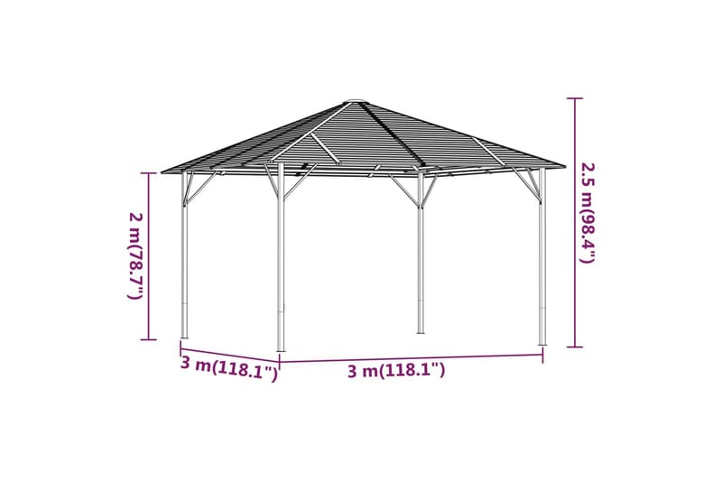 Paviljong med tak 3x3 m antracit - Antracit - Komplett paviljong