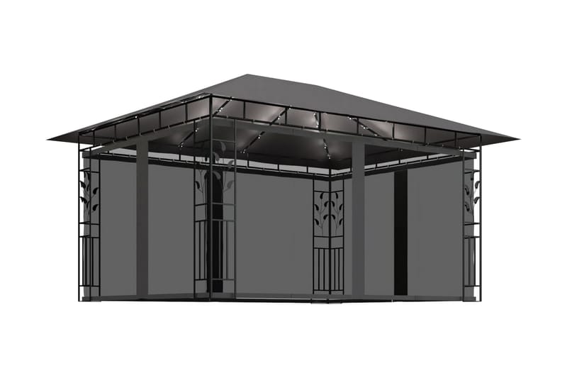 Paviljong myggnät ljusslinga LED 4x3x2,73 m antracit 180 g/m - Grå - Komplett paviljong