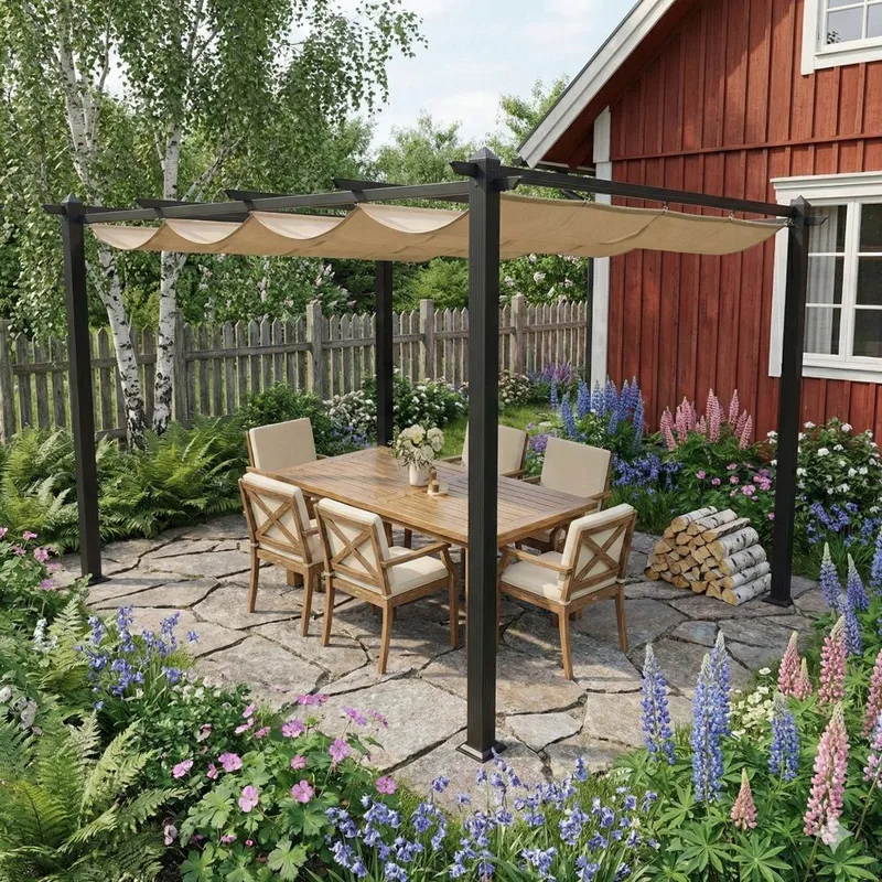 Pergola 300x400 cm | Justerbart solskydd | Mörkgrå aluminium - Mörkgrå ram och beige takduk - Utemöbler - Solskydd - Pergola