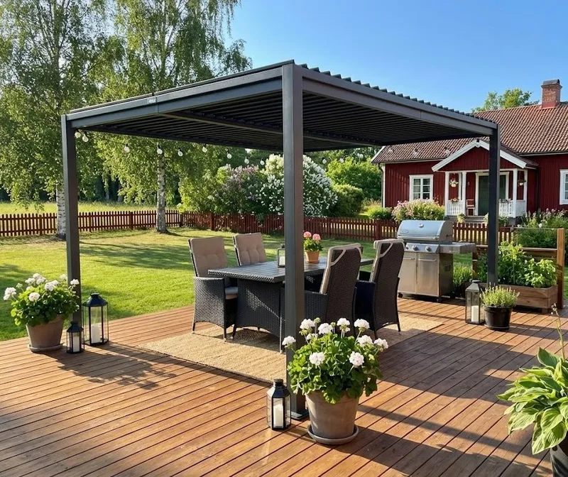 Pergola 4x3 m med lamelltak | Grå stålpergola för uteplats & trädgård - Mörkgrå - Utemöbler - Solskydd - Pergola