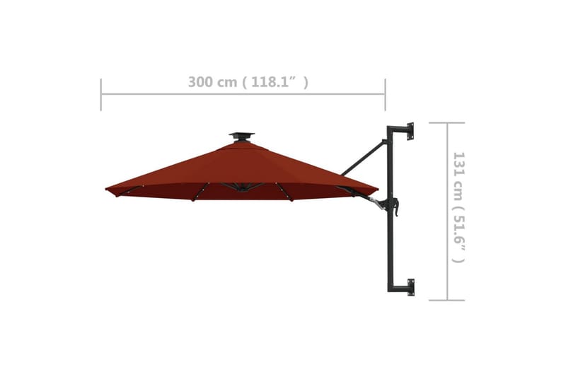 Väggmonterat parasoll med LED och metallstång 300 cm terrako - Orange - Utemöbler - Solskydd - Parasoll