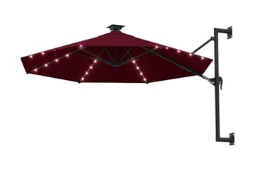 Väggmonterat parasoll med LED och metallstång 300 cm vinröd