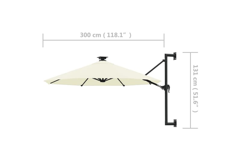 Väggmonterat parasoll med LED och metallstång 300 cm sandfär - Vit - Utemöbler - Solskydd - Parasoll