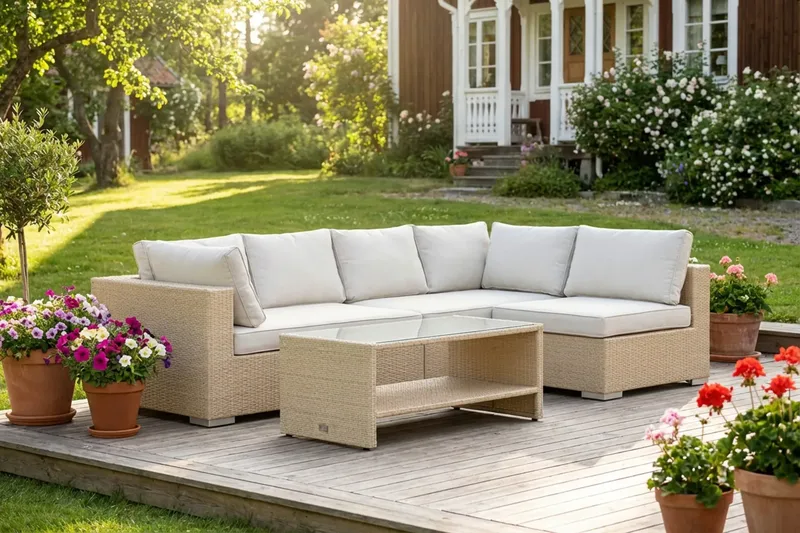 Bahamas Soffbord med hylla Utomhus 113 cm Konstrotting - Beige - Utemöbler - Trädgårdsbord & Utebord - Soffbord utomhus & loungebord