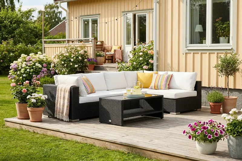 Bahamas Soffbord med hylla Utomhus 113 cm Konstrotting - Svart - Utemöbler - Trädgårdsbord & Utebord - Soffbord utomhus & loungebord