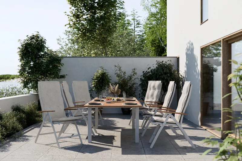 Las Vegas Stort Förlängningsbart Matbord Utomhus – Träbord för Uteplats, 220-280x100 cm i teak med aluminium ben - Vit / Natur - Utemöbler - Trädgårdsbord & Utebord - Matbord ute