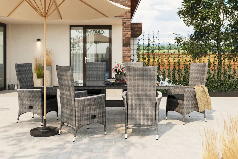 Majestic Matbord Utomhus 210x100 cm – Utebord i konstrotting med bordsskiva i Glas för Trädgård och Altan - Grå - Utemöbler - Trädgårdsbord & Utebord - Matbord ute