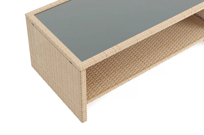 Wisconsin Soffbord utomhus i konstrotting med glasskiva och hylla för förvaring 58x110x43 cm - Beige - Utemöbler - Trädgårdsbord & Utebord - Soffbord utomhus & loungebord