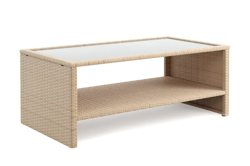 Wisconsin Soffbord utomhus i konstrotting med glasskiva och hylla för förvaring 58x110x43 cm - Beige - Utemöbler - Trädgårdsbord & Utebord - Soffbord utomhus & loungebord