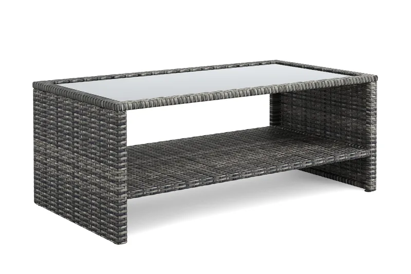 Wisconsin Soffbord utomhus i konstrotting med glasskiva och hylla för förvaring 58x110x43 cm - Grå - Utemöbler - Trädgårdsbord & Utebord - Soffbord utomhus & loungebord