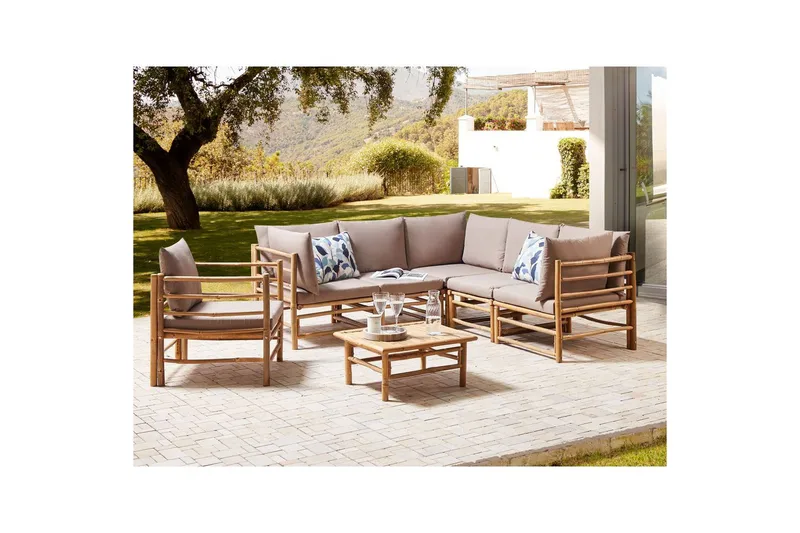 Hörnsoffa Cerreto Beige/ljust trä, 6-Sits - Beige/ljust trä, 6-Sits - Utemöbler - Utegrupp - Loungegrupp