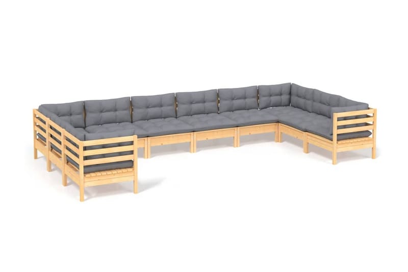 Trädgårdssoffa 10-sits med grå dynor massiv furu - Grå - Utemöbler - Utesoffor & bänkar - Loungesoffa