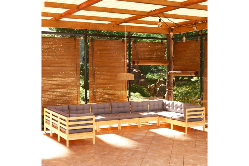 Trädgårdssoffa 10-sits med grå dynor massiv furu - Grå - Loungesoffa