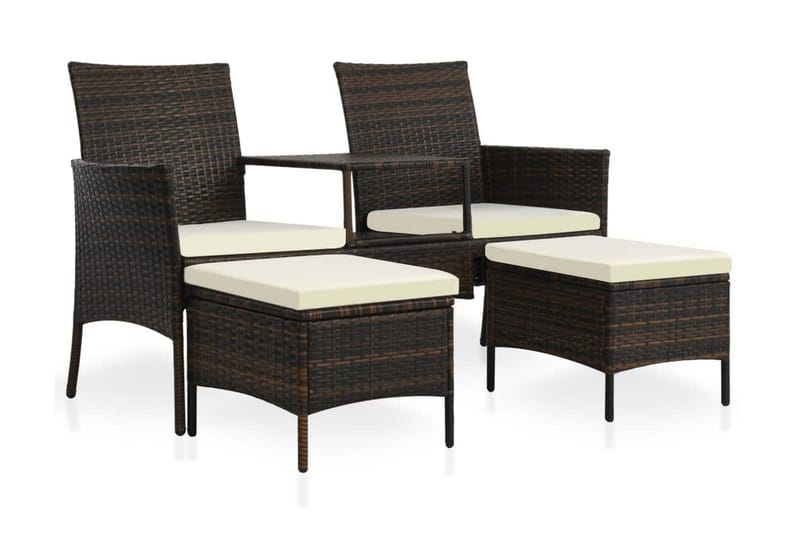 Trädgårdssoffa 2-sits med bord & fotpallar konstrotting brun - Brun - Loungemöbler - Loungesoffa