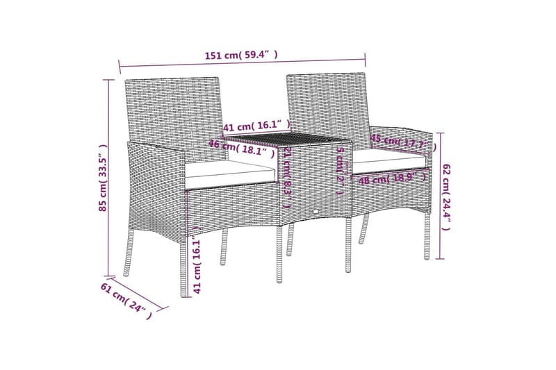 Trädgårdssoffa 2-sits med bord konstrotting brun - Brun - Loungesoffa