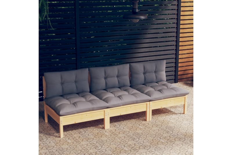 Trädgårdssoffa 3-sits med grå dynor massiv furu - Grå - Utemöbler - Utesoffor & bänkar - Loungesoffa