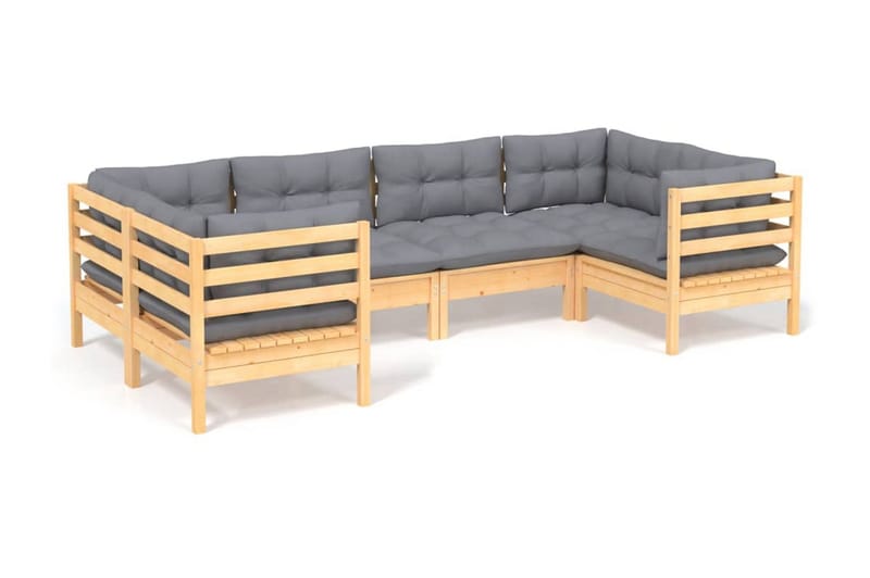 Trädgårdssoffa 6-sits med grå dynor massiv furu - Grå - Utemöbler - Utesoffor & bänkar - Loungesoffa