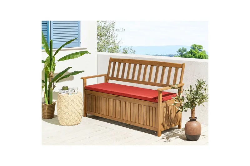 Trädgårdsbänk med dyna Sovana Ljus trä/röd, 160 cm - Ljus trä/röd, 160 cm - Utemöbler - Utesoffor & bänkar - Trädgårdssoffa