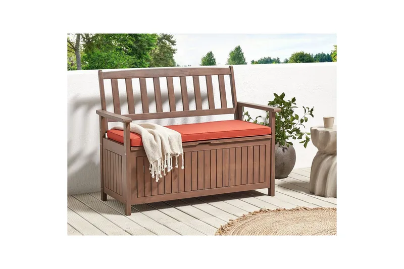 Trädgårdsbänk med dyna Sovana Mörkt trä/rött, 120 cm - Mörkt trä/rött, 120 cm - Utemöbler - Utesoffor & bänkar - Trädgårdssoffa