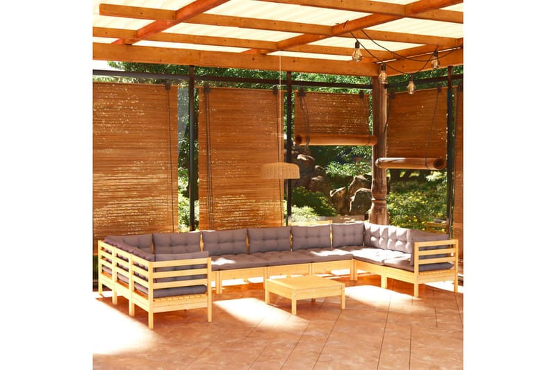 Trädgårdssoffa 11-sits med grå dynor massiv furu - Grå - Utemöbler - Utesoffor & bänkar - Loungesoffa