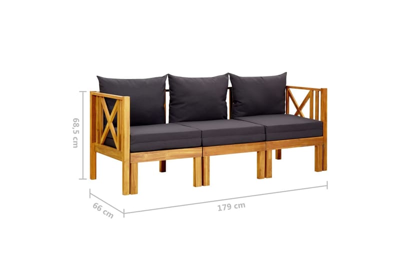 Trädgårdsbänk 3-sits med dynor 179 cm massivt akaciaträ - Grå - Utemöbler - Utesoffor & bänkar - Trädgårdssoffa