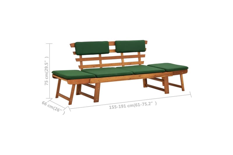 Trädgårdsbänk med dynor 2-i-1 190 cm massivt akaciaträ - Grön - Utemöbler - Utesoffor & bänkar - Trädgårdssoffa