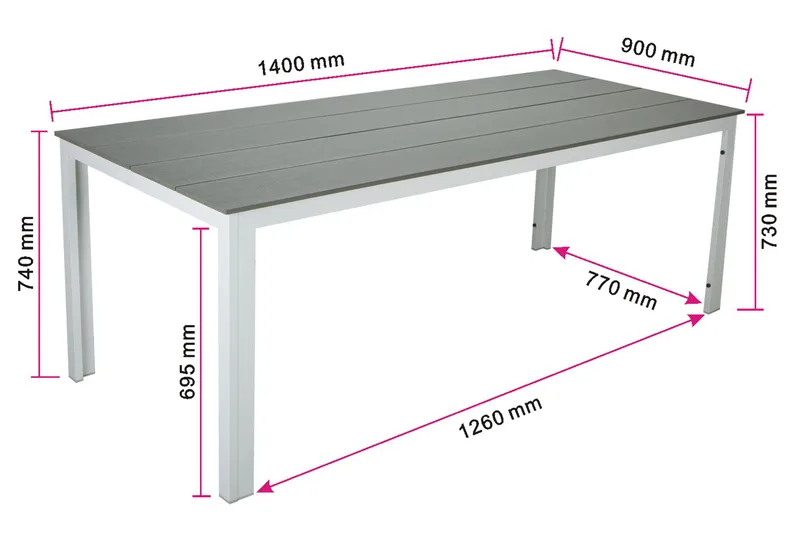 Tunis Rektangulärt Matbord utomhus 140x90 cm i plast och metall - Grå/Vit - Utemöbler - Trädgårdsbord & Utebord - Matbord ute