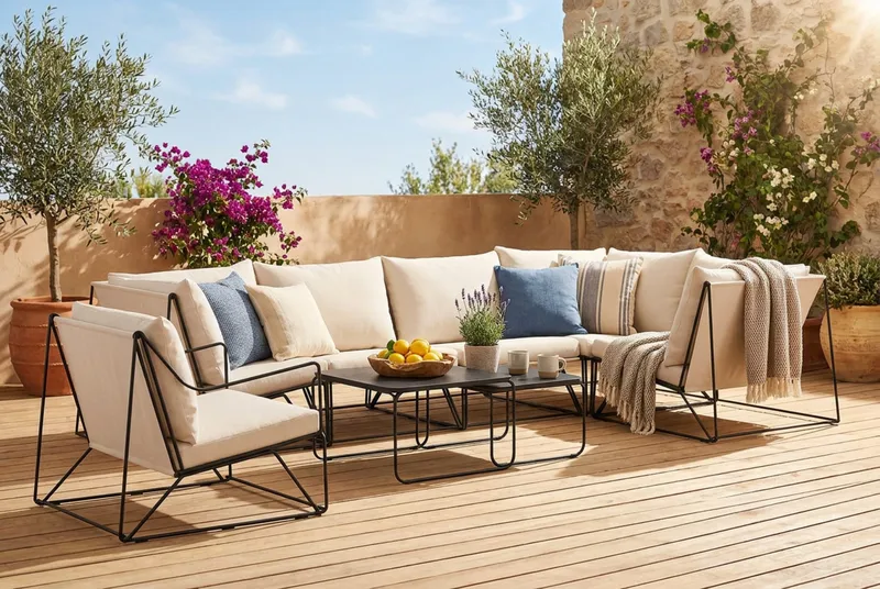 Usteryd utomhus hörnsoffa 6-sits vändbar med fåtölj - Svart/Beige - Utemöbler - Utegrupp - Loungegrupp