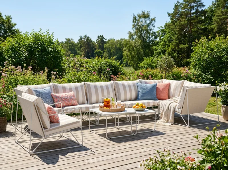 Usteryd utomhus hörnsoffa 7-sits vändbar med fåtölj - Beige/Striped - Utemöbler - Utegrupp - Loungegrupp